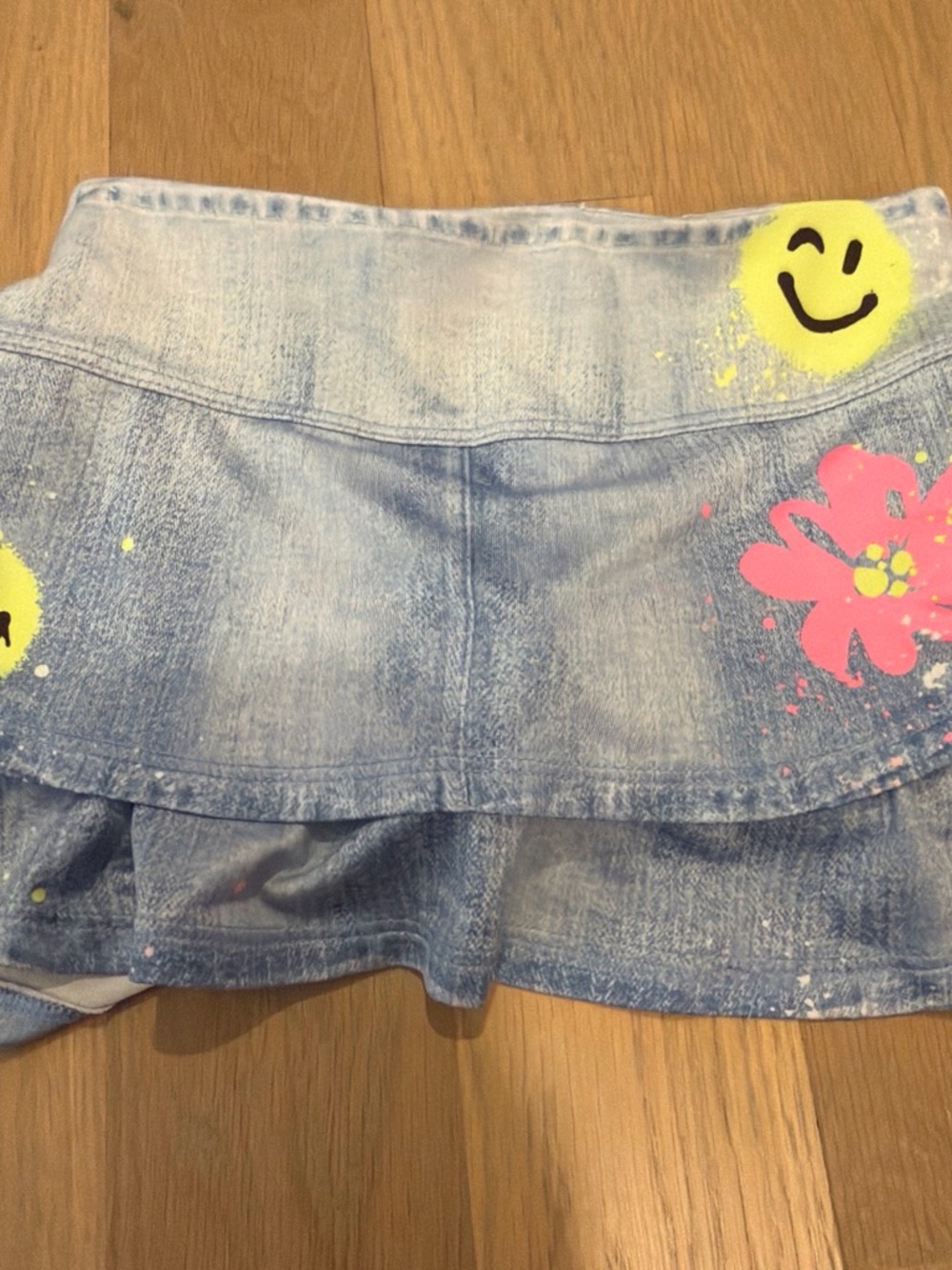 Love Light Blue Denim-Look Tiered Skirt with Pink Flower & Yellow Smile Faces